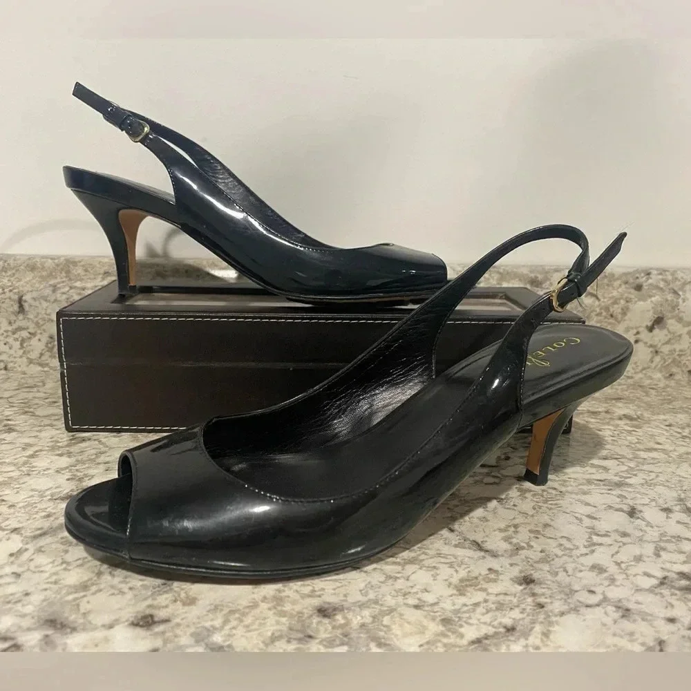 Cole Haan NikeAir Womens Shoes Black Patent Leather Slingback Heels size 7.5